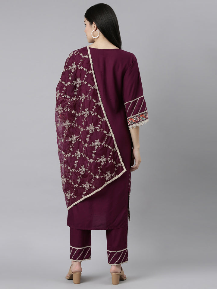 Neerus Purple floral printed kurta set with trouser and dupatta - side view