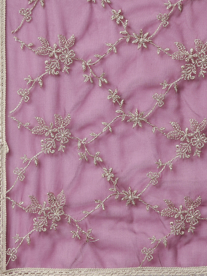 Neerus Purple floral printed kurta set with trouser and dupatta - detail view 4