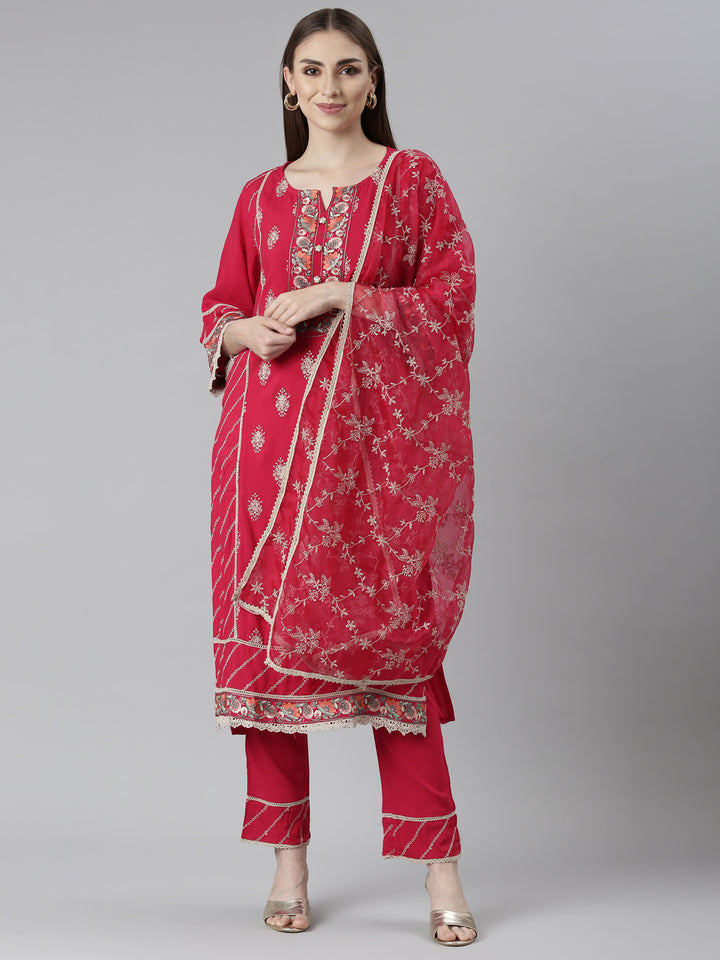 Neerus Pink printed floral kurta set with trouser and dupatta - front view