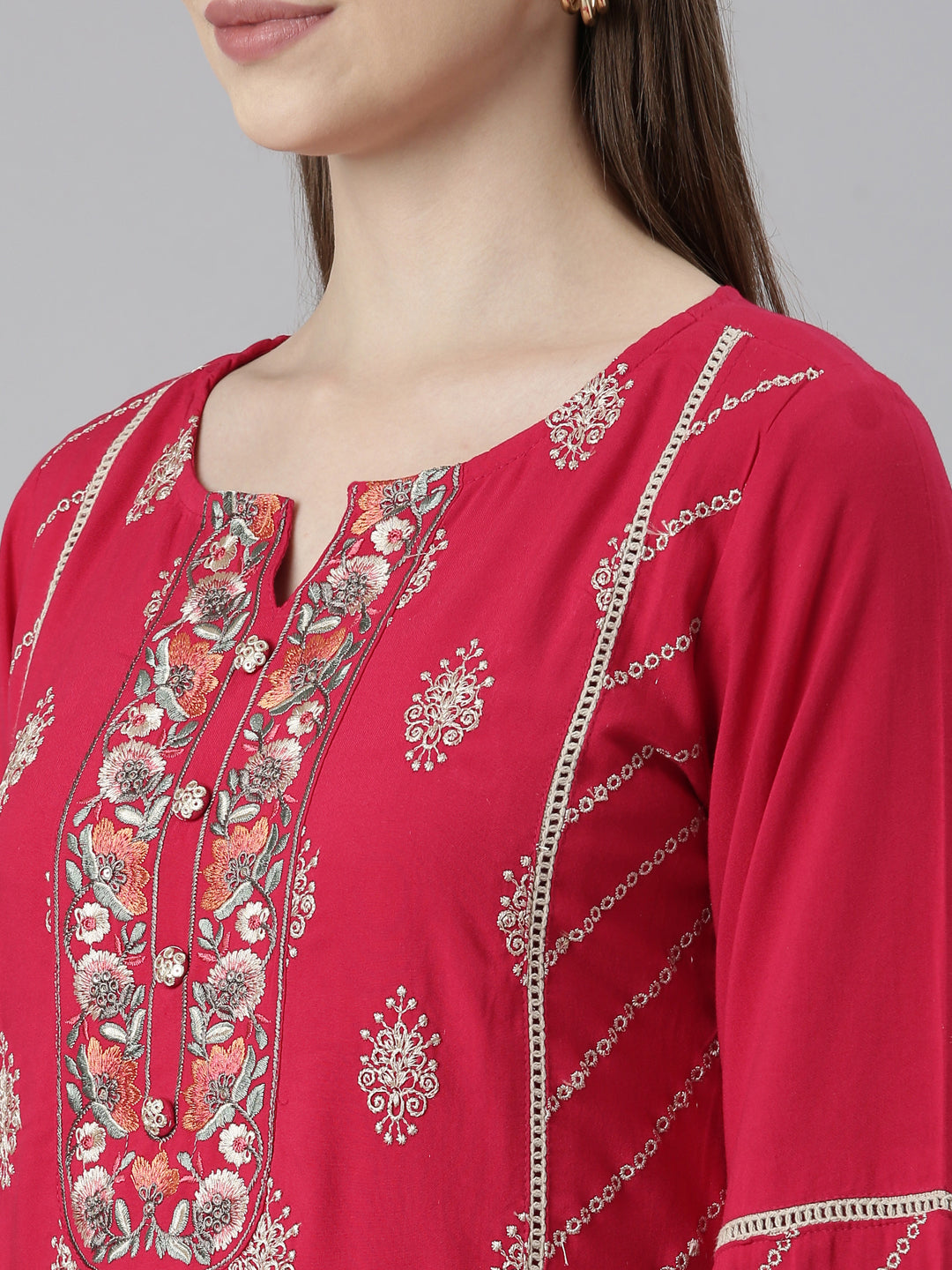 Neerus Pink printed floral kurta set with trouser and dupatta - detail view 1