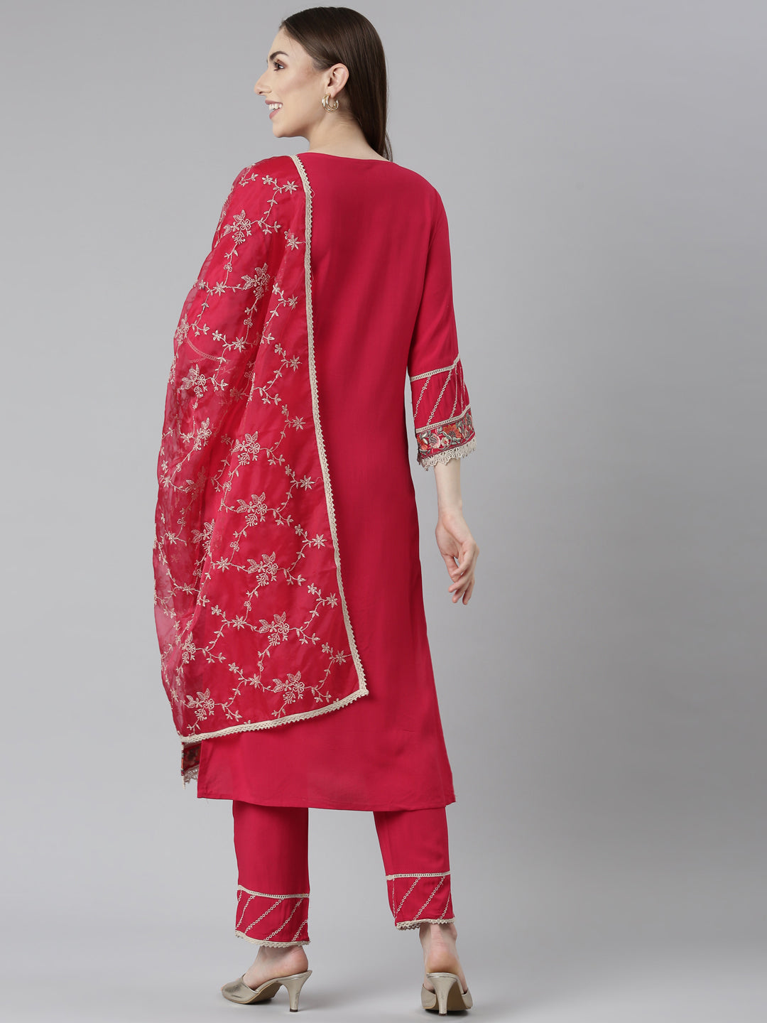 Neerus Pink printed floral kurta set with trouser and dupatta - side view