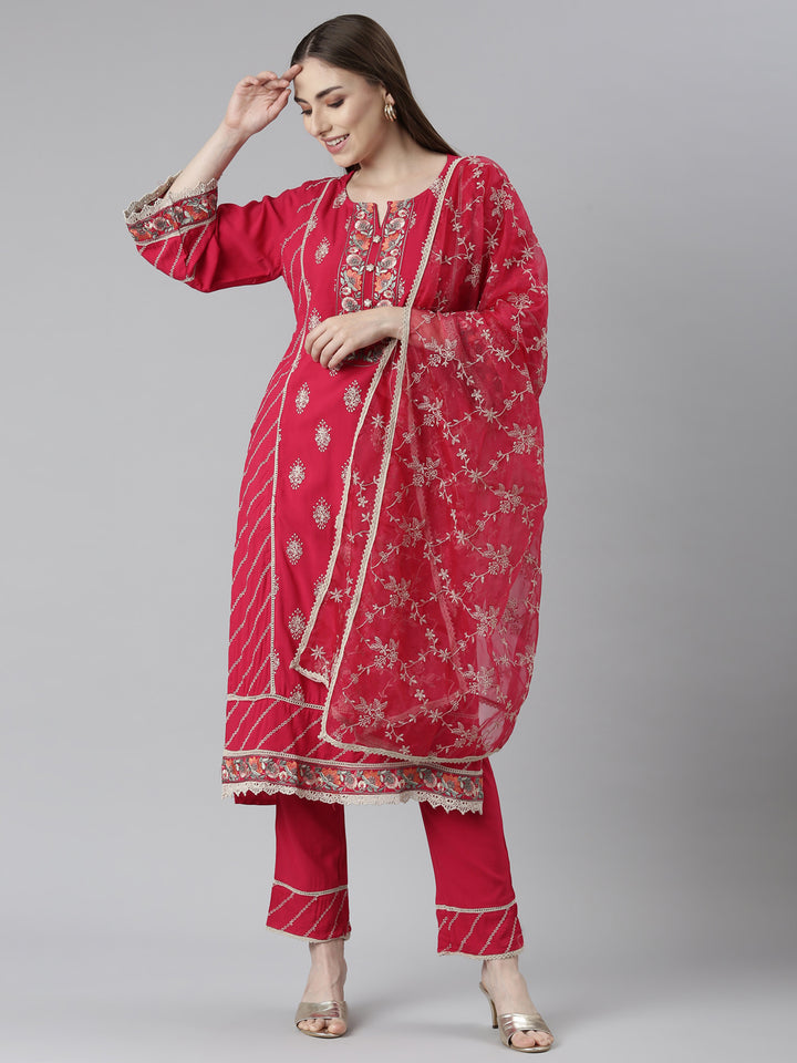 Neerus Pink printed floral kurta set with trouser and dupatta - detail view 2