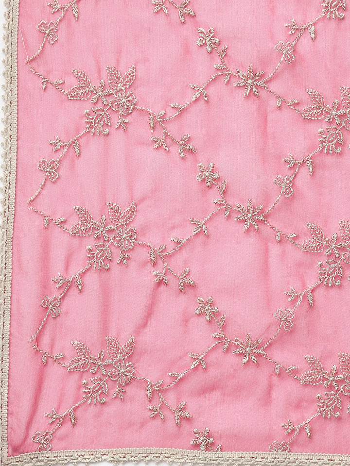 Neerus Pink printed floral kurta set with trouser and dupatta - detail view 4