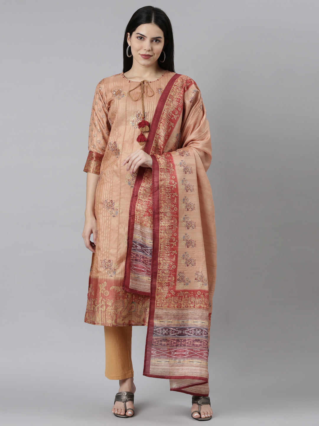 Neerus Orange printed floral kurta set with trousers and dupatta - front view