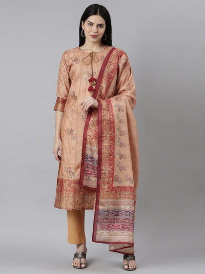 Neeru's Rust Regular Straight Floral Kurta And Trousers With Dupatta