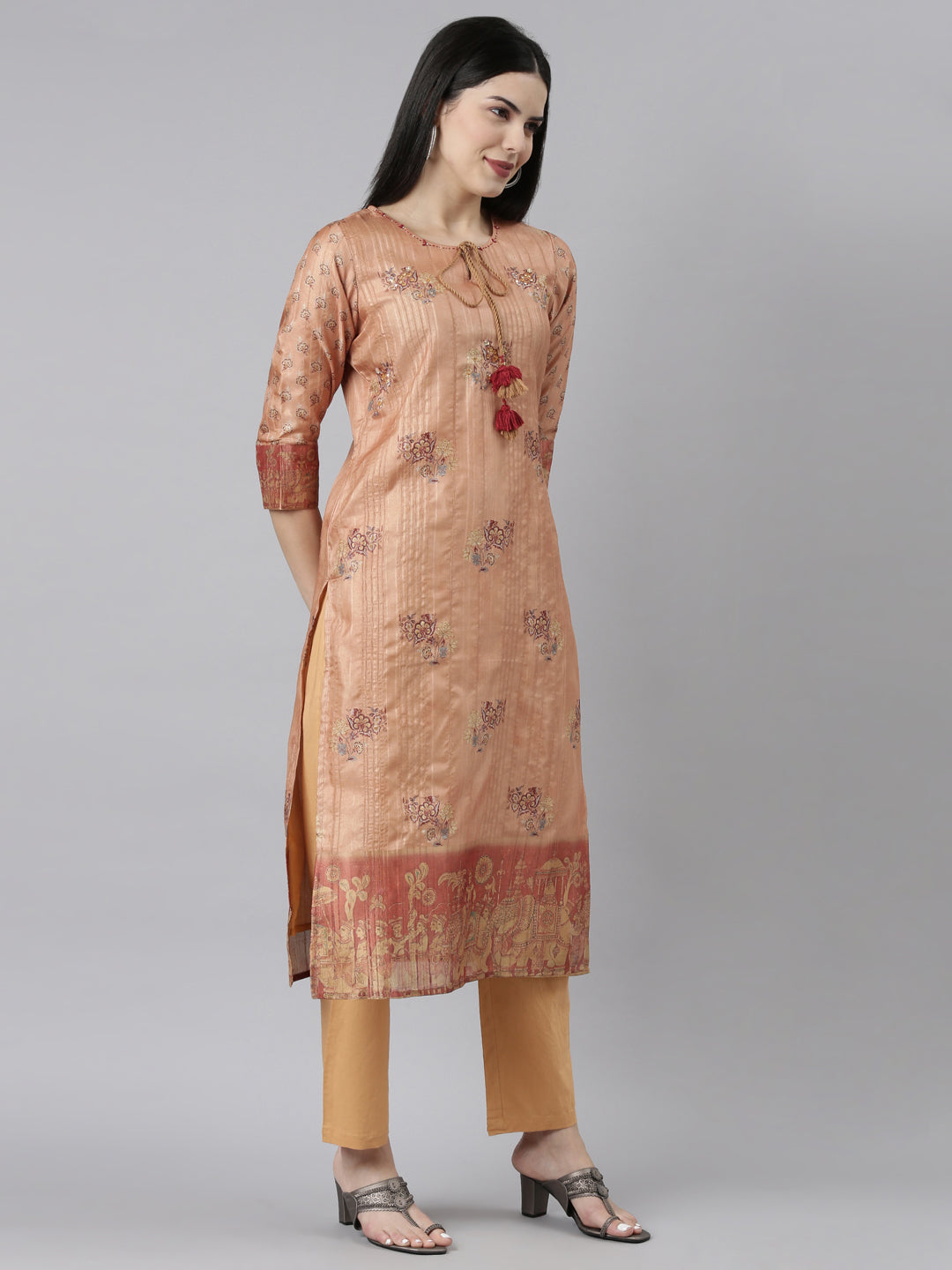 Neerus Orange printed floral kurta set with trousers and dupatta - back view
