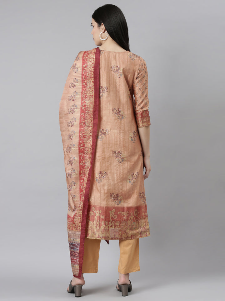 Neerus Orange printed floral kurta set with trousers and dupatta - side view