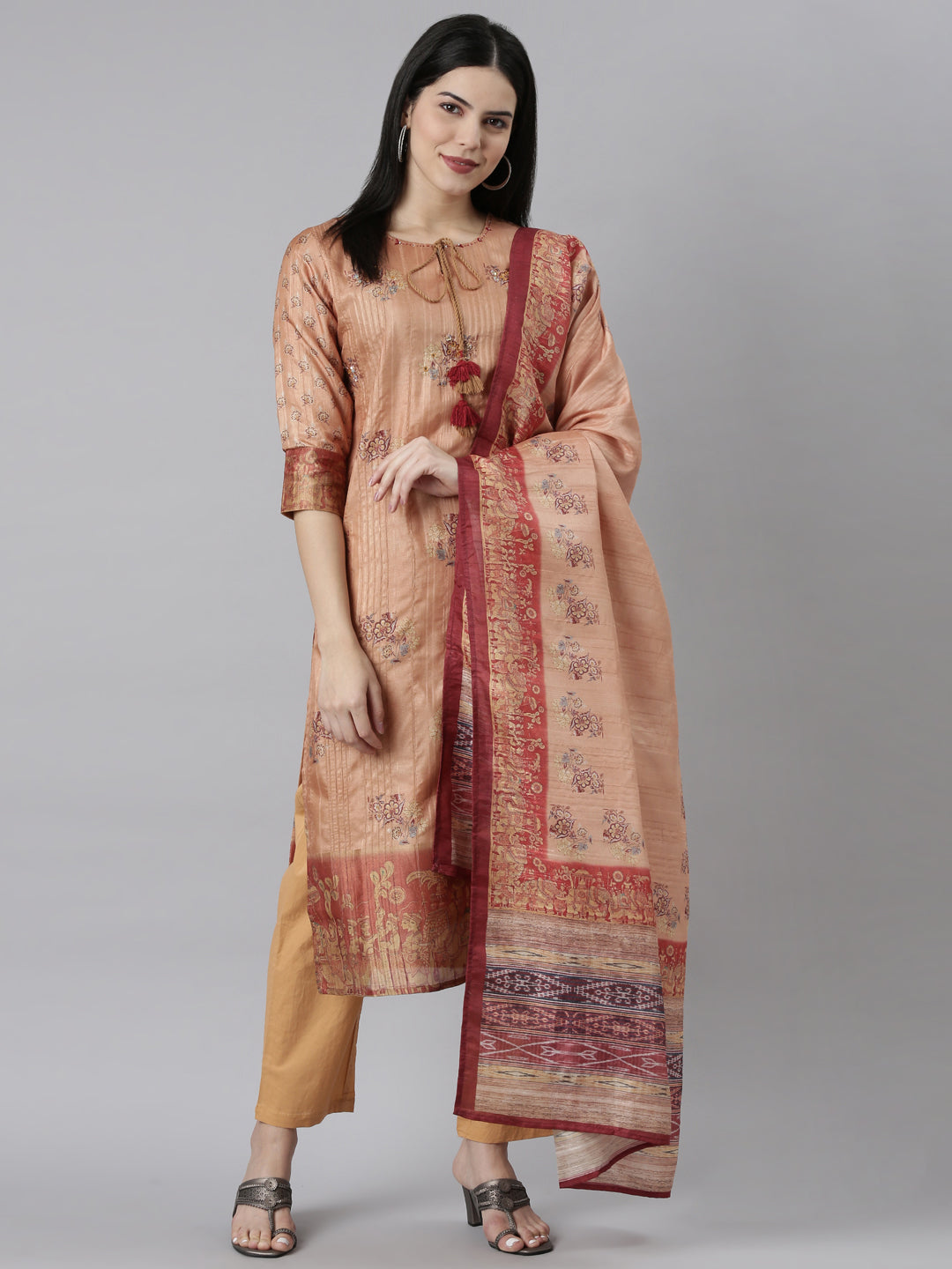 Neerus Orange printed floral kurta set with trousers and dupatta - detail view 2