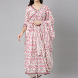 Neerus Pink Pleated Straight Floral Kurta And  Trousers With Dupatta