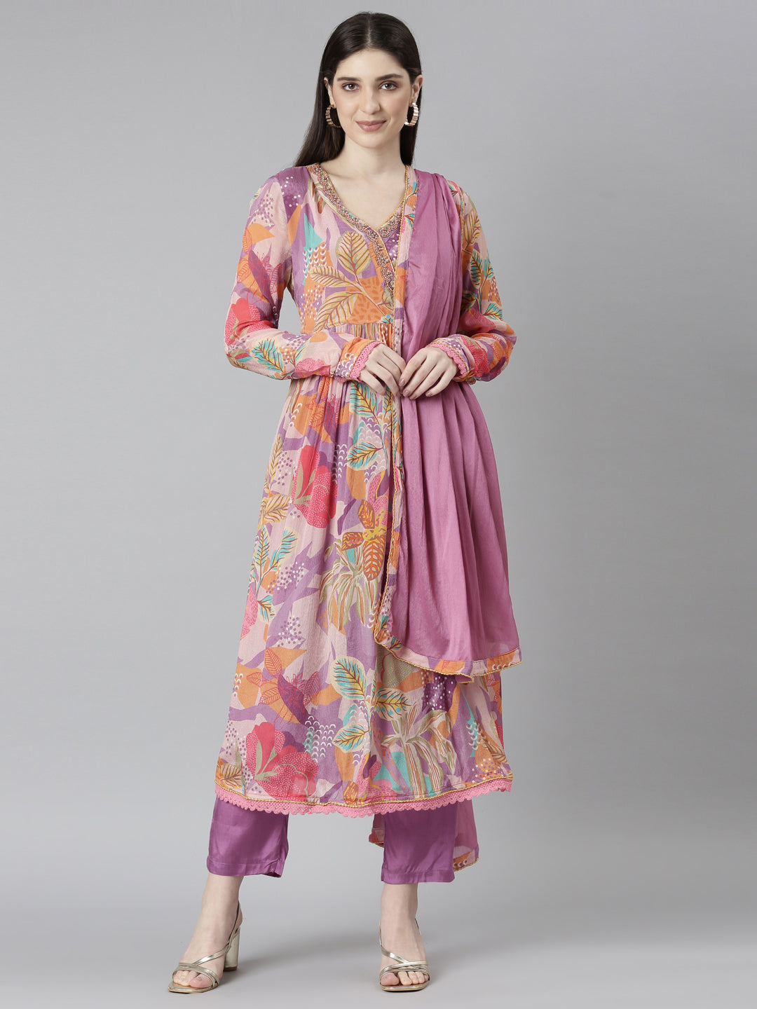 Neerus Purple printed floral kurta set with trouser and dupatta - front view