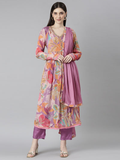 Neeru's Purple Pleated Straight Floral Kurta And Trousers With Dupatta