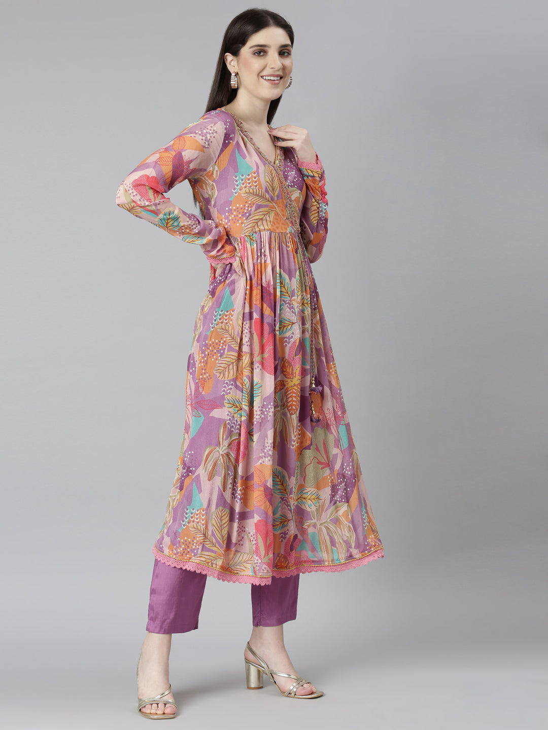 Neerus Purple printed floral kurta set with trouser and dupatta - back view