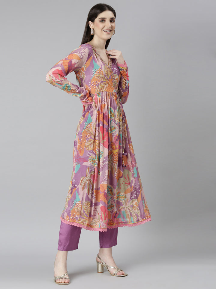 Neerus Purple printed floral kurta set with trouser and dupatta - back view