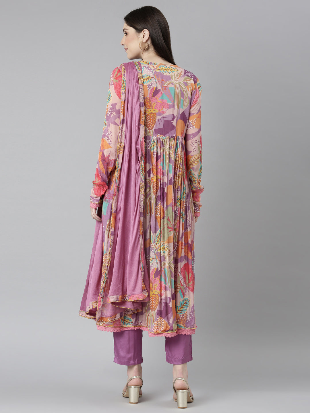 Neerus Purple printed floral kurta set with trouser and dupatta - side view