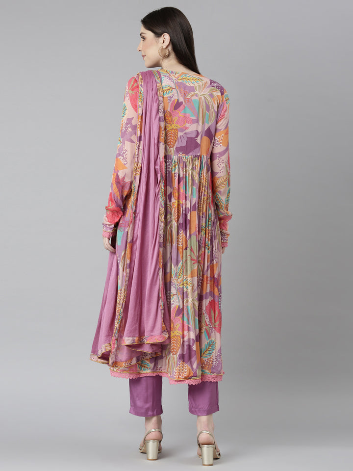 Neerus Purple printed floral kurta set with trouser and dupatta - side view