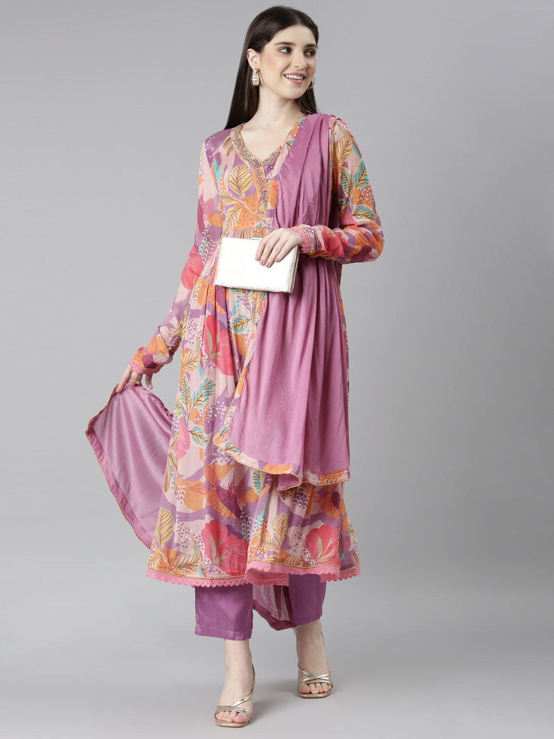 Neerus Purple printed floral kurta set with trouser and dupatta - detail view 2