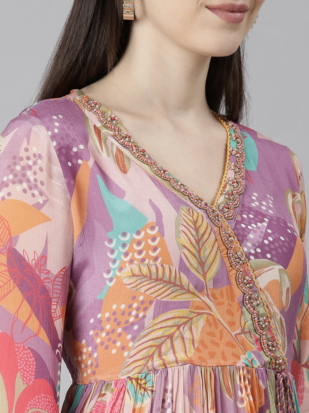 Neerus Purple printed floral kurta set with trouser and dupatta - detail view 1