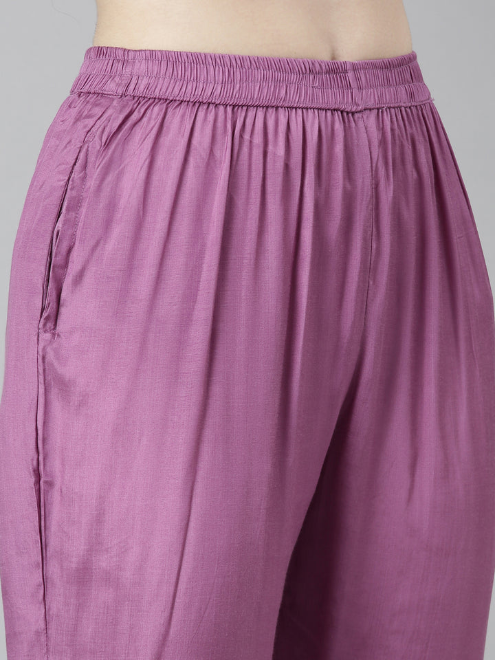 Neerus Purple printed floral kurta set with trouser and dupatta - detail view 3