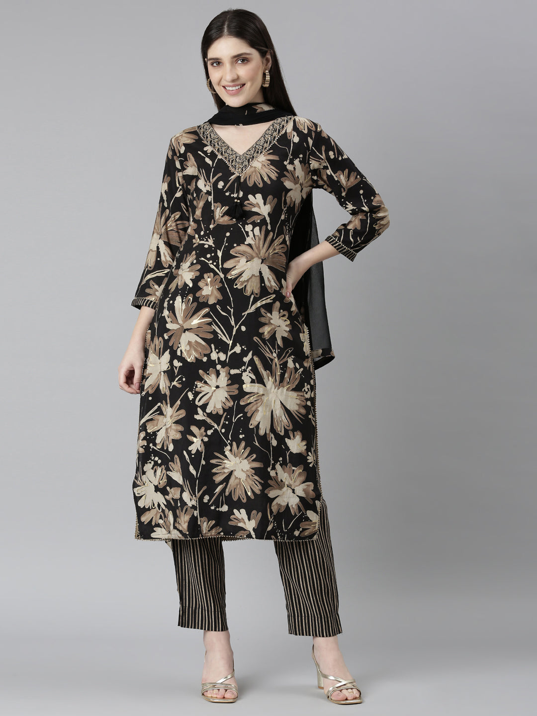 Neerus Black floral printed straight kurta set - front view
