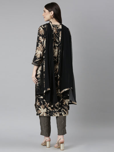 Neeru's Black Regular Straight Floral Readymade Suits
