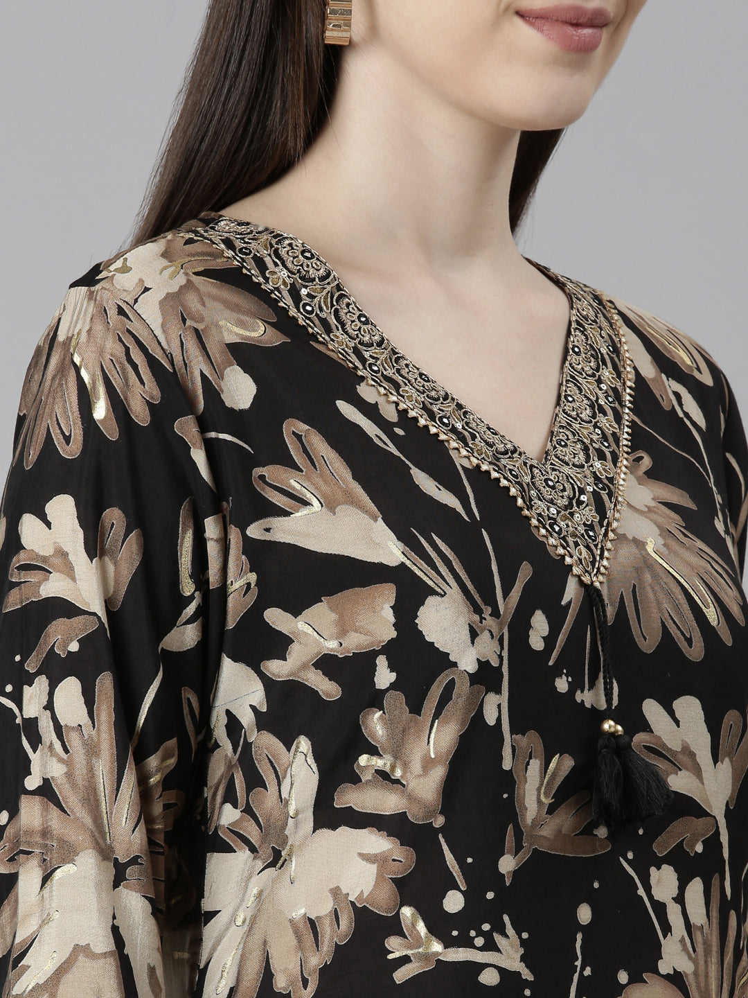 Neerus Black floral printed straight kurta set - detail view 1