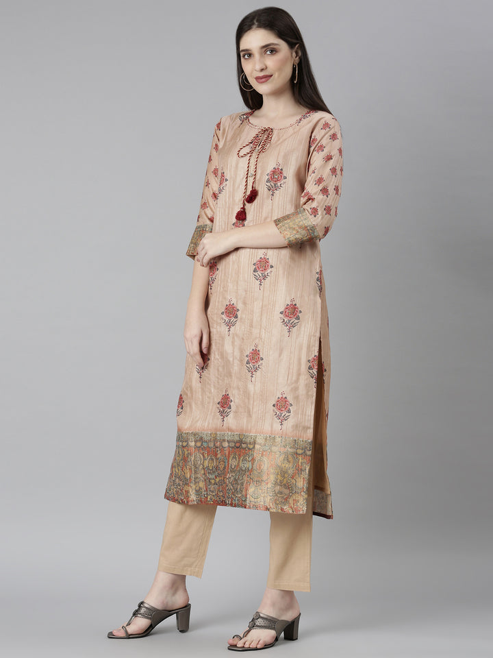 Neerus Beige Regular Straight Floral Kurta And Trousers With Dupatta