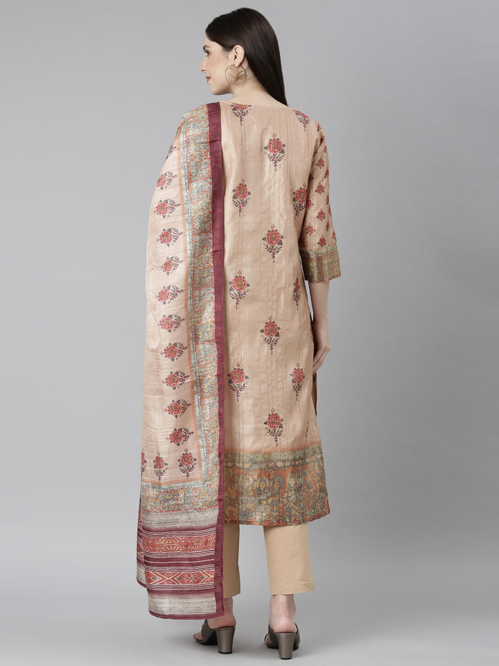 Neerus Beige Regular Straight Floral Kurta And Trousers With Dupatta