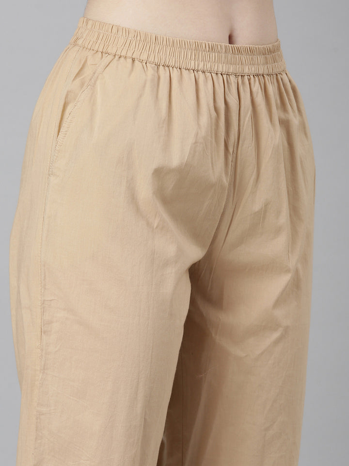 Neerus Beige Regular Straight Floral Kurta And Trousers With Dupatta