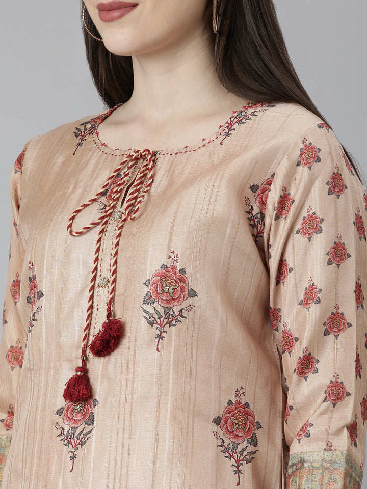 Neerus Beige Regular Straight Floral Kurta And Trousers With Dupatta