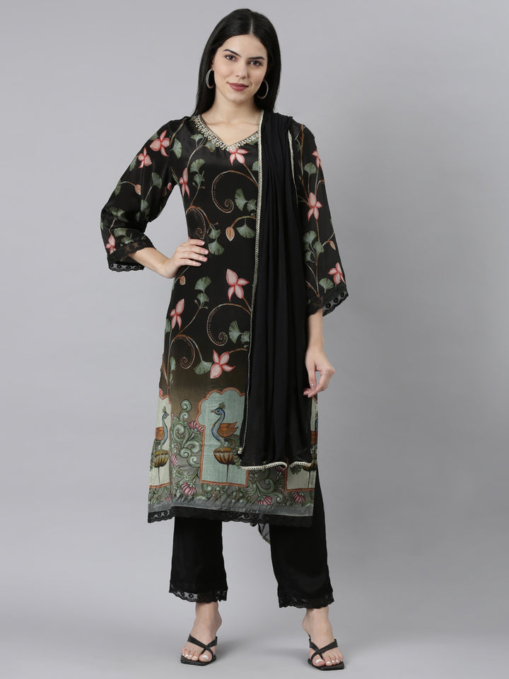 Neerus Black Regular Straight Floral Kurta And Trousers With Dupatta