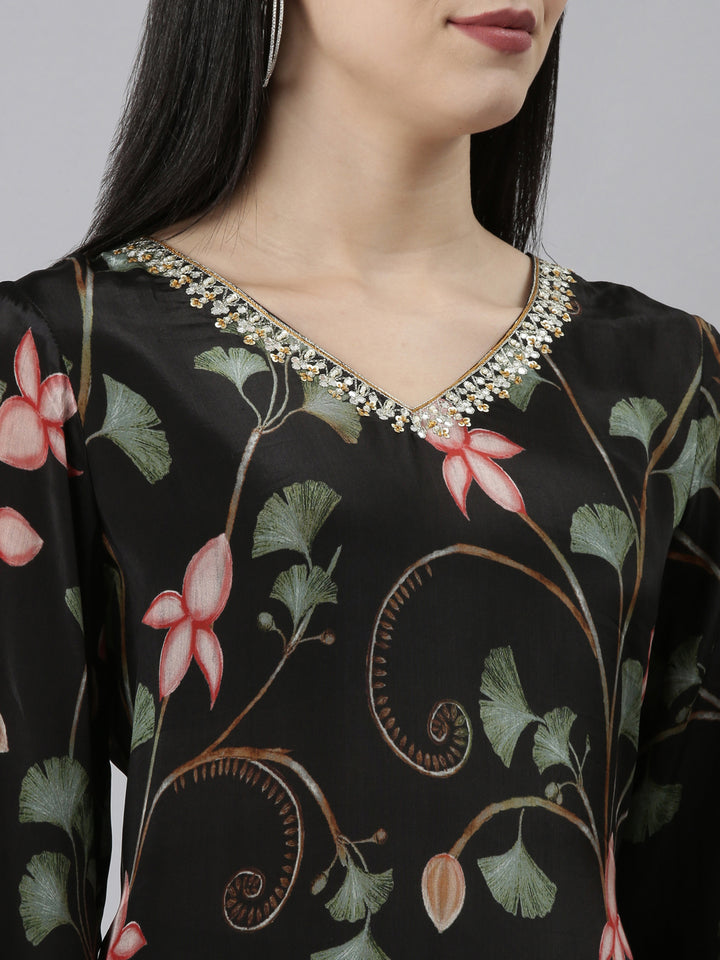 Neerus Black Regular Straight Floral Kurta And Trousers With Dupatta