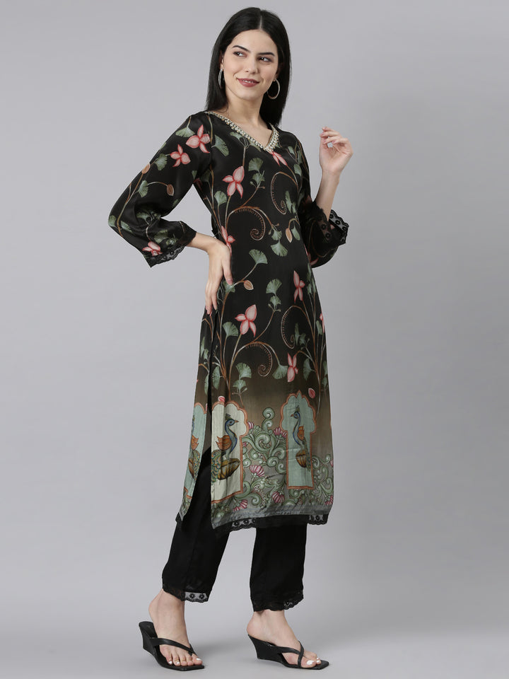 Neerus Black Regular Straight Floral Kurta And Trousers With Dupatta