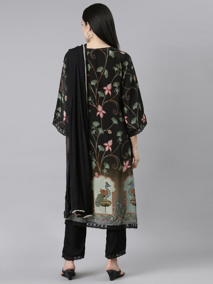Neerus Black Regular Straight Floral Kurta And Trousers With Dupatta