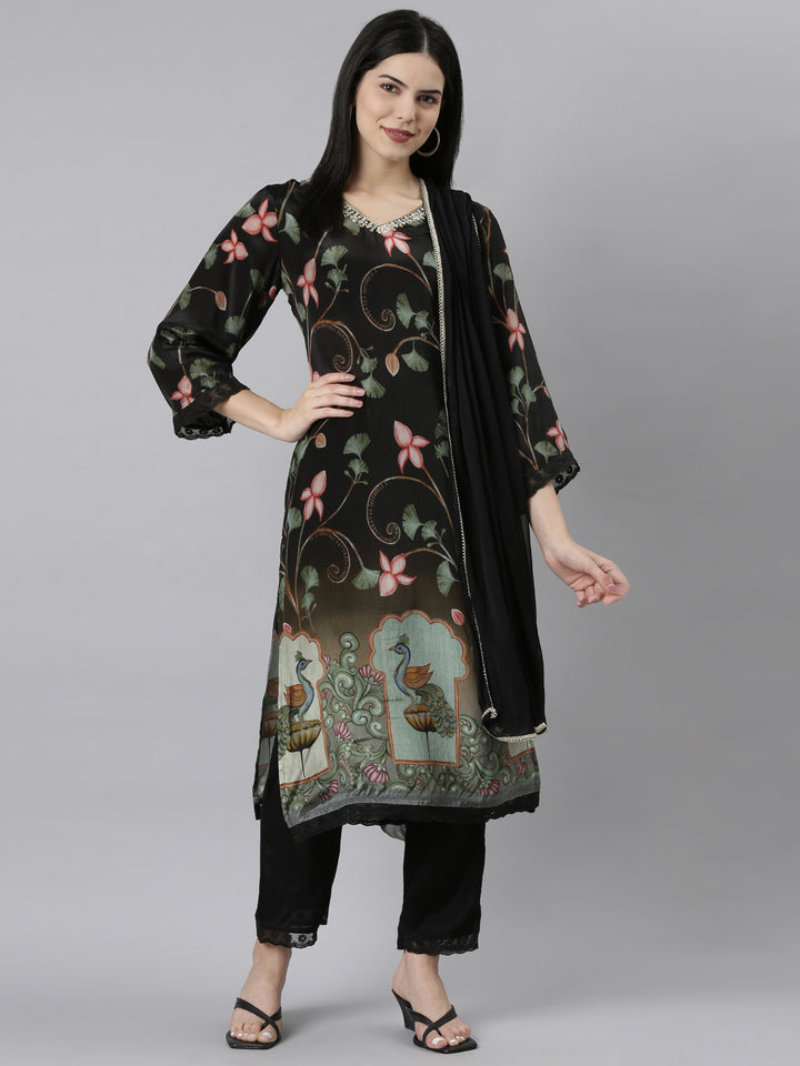 Neerus Black Regular Straight Floral Kurta And Trousers With Dupatta