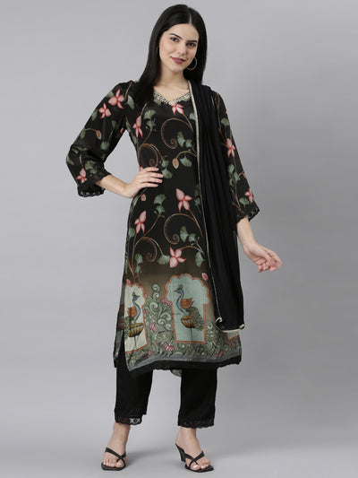 Neeru's Black Regular Straight Floral Kurta And Trousers With Dupatta