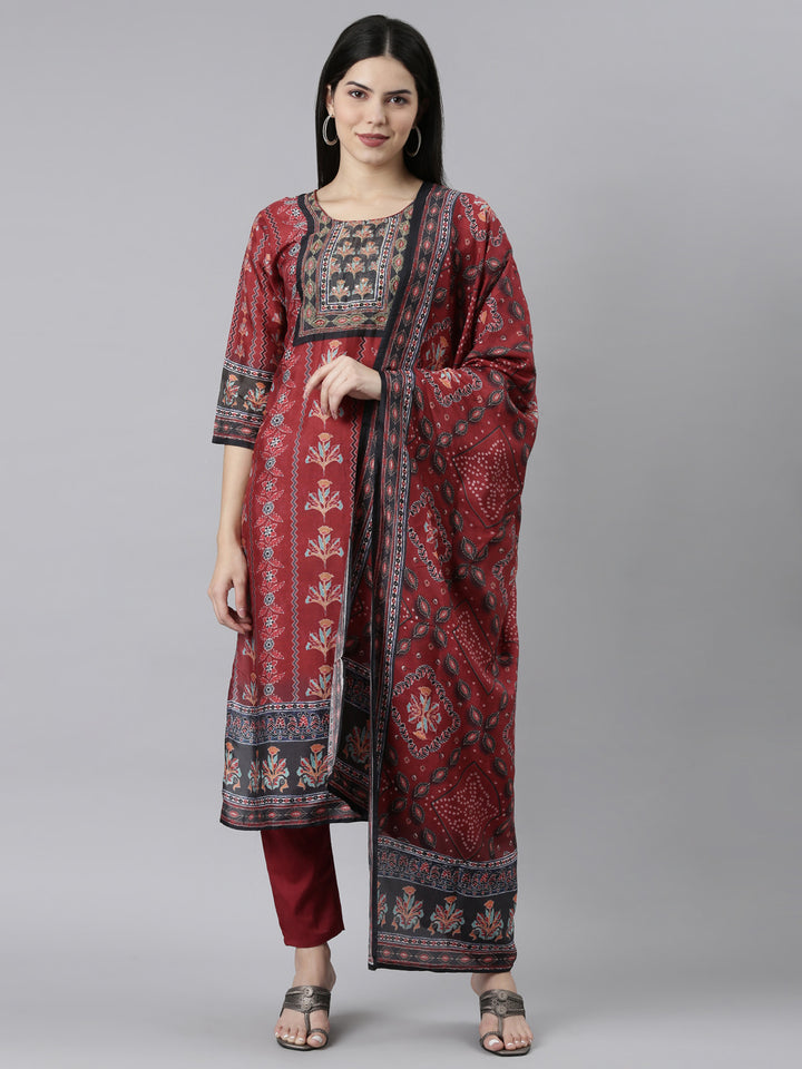 Neerus Maroon Regular Straight Floral Readymade suits