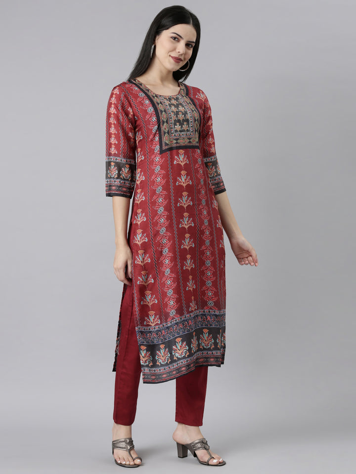 Neerus Maroon Regular Straight Floral Readymade suits