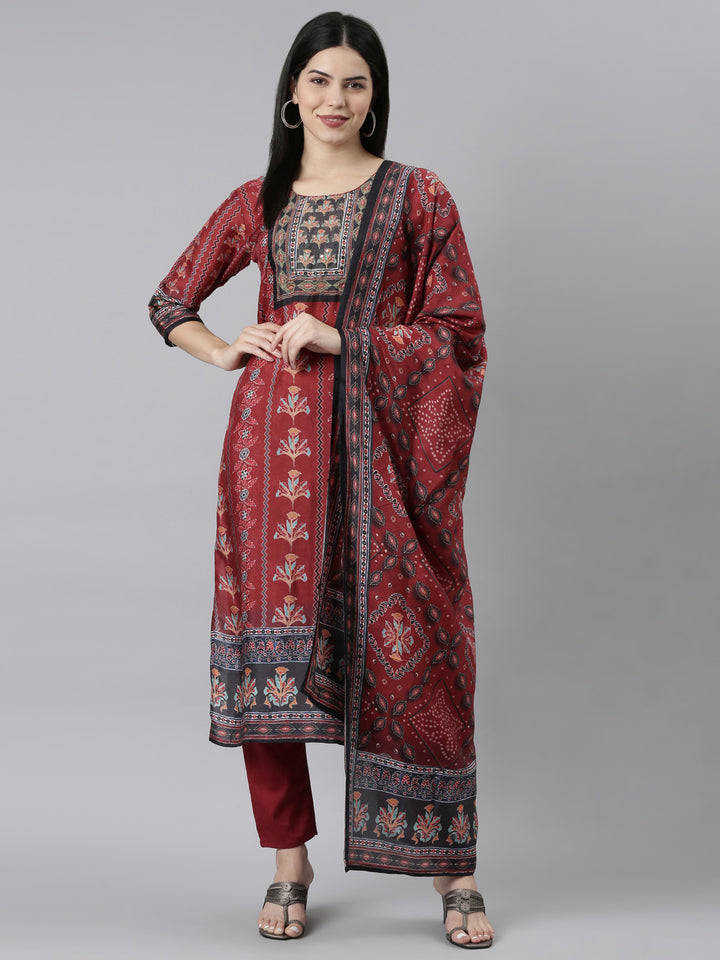 Neerus Maroon Regular Straight Floral Readymade suits