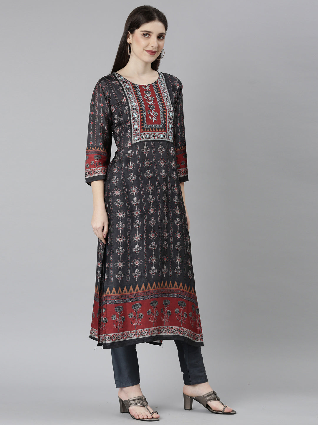 Neerus Grey Regular Straight Floral Kurta And Trousers With Dupatta