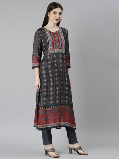 Neerus Grey Regular Straight Floral Kurta And Trousers With Dupatta