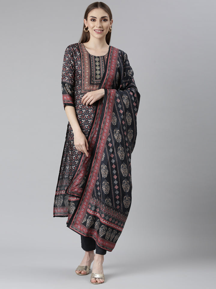 Neerus Black Regular Straight Floral Readymade Suits