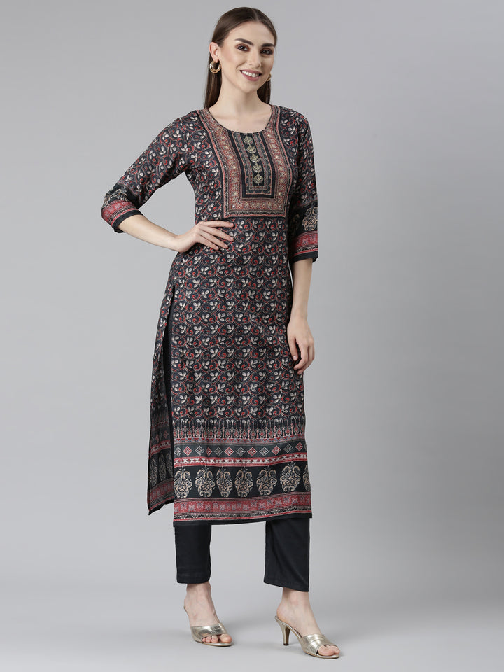 Neerus Black Regular Straight Floral Readymade Suits