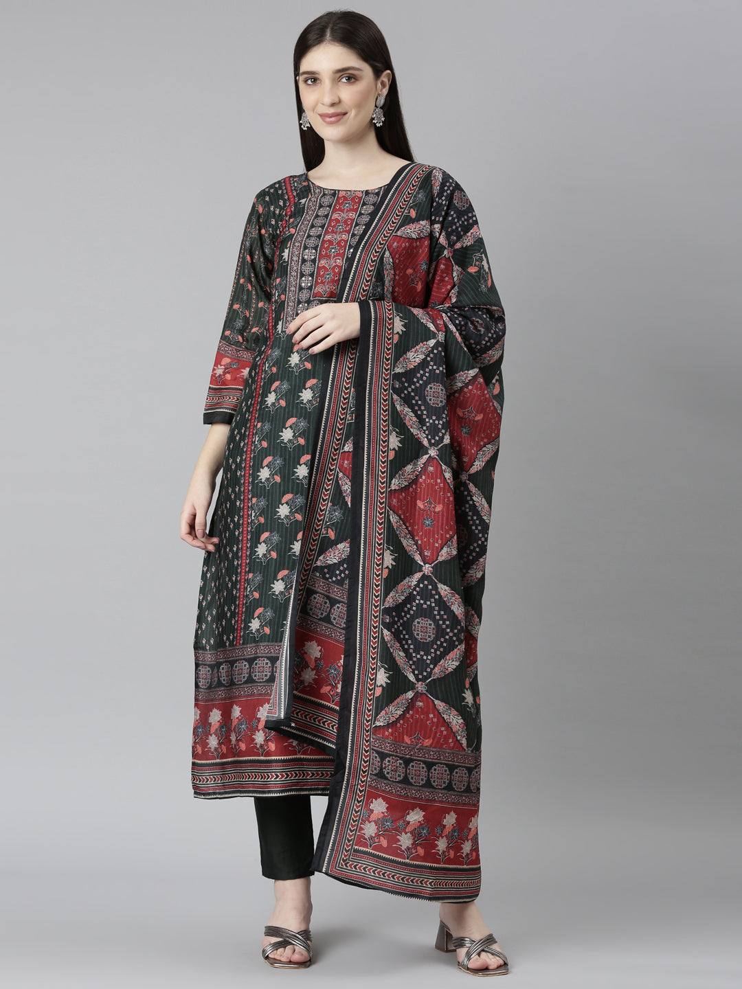 Neerus Green printed floral kurta set with trouser and dupatta - front view