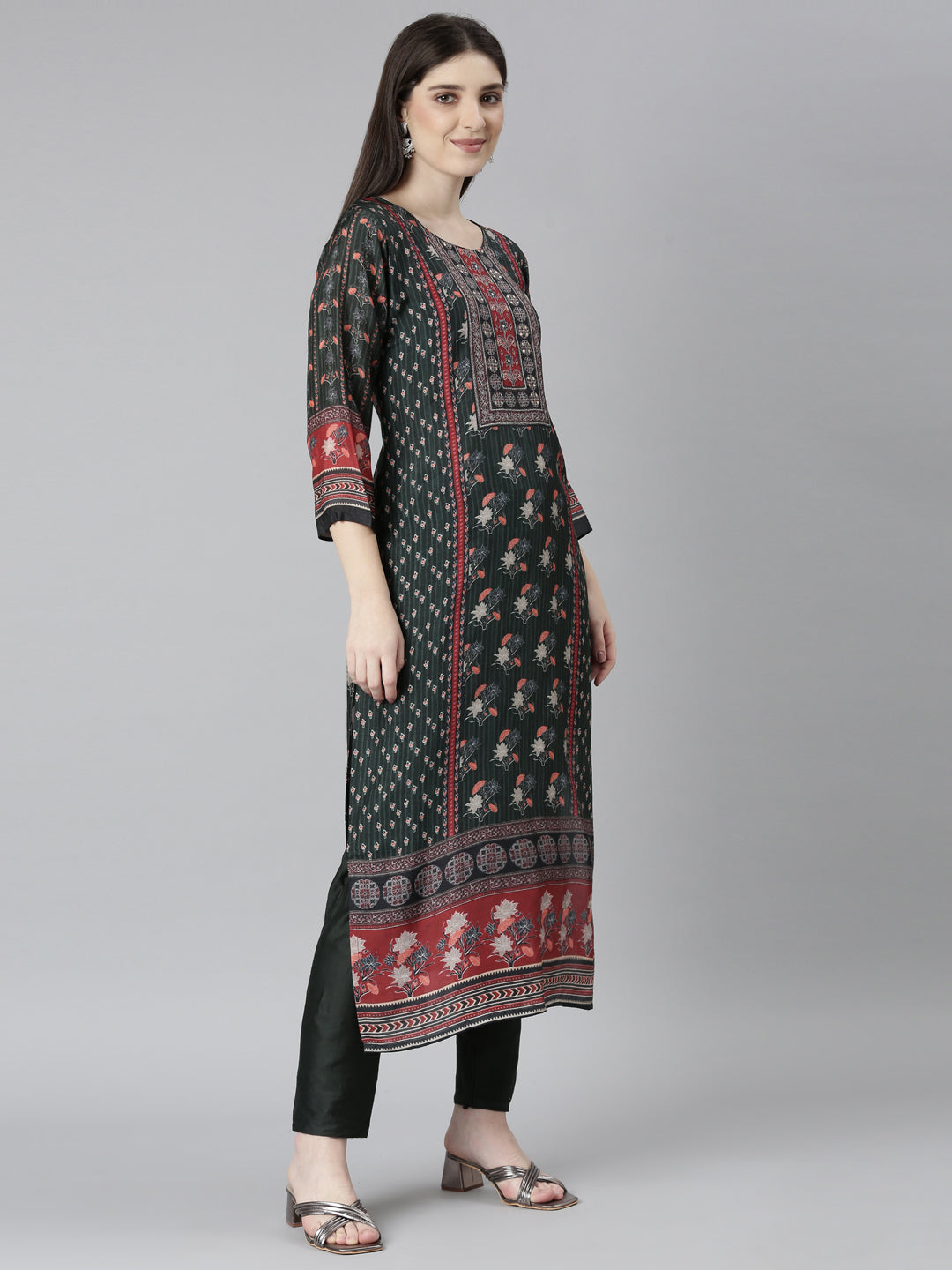 Neerus Green printed floral kurta set with trouser and dupatta - back view