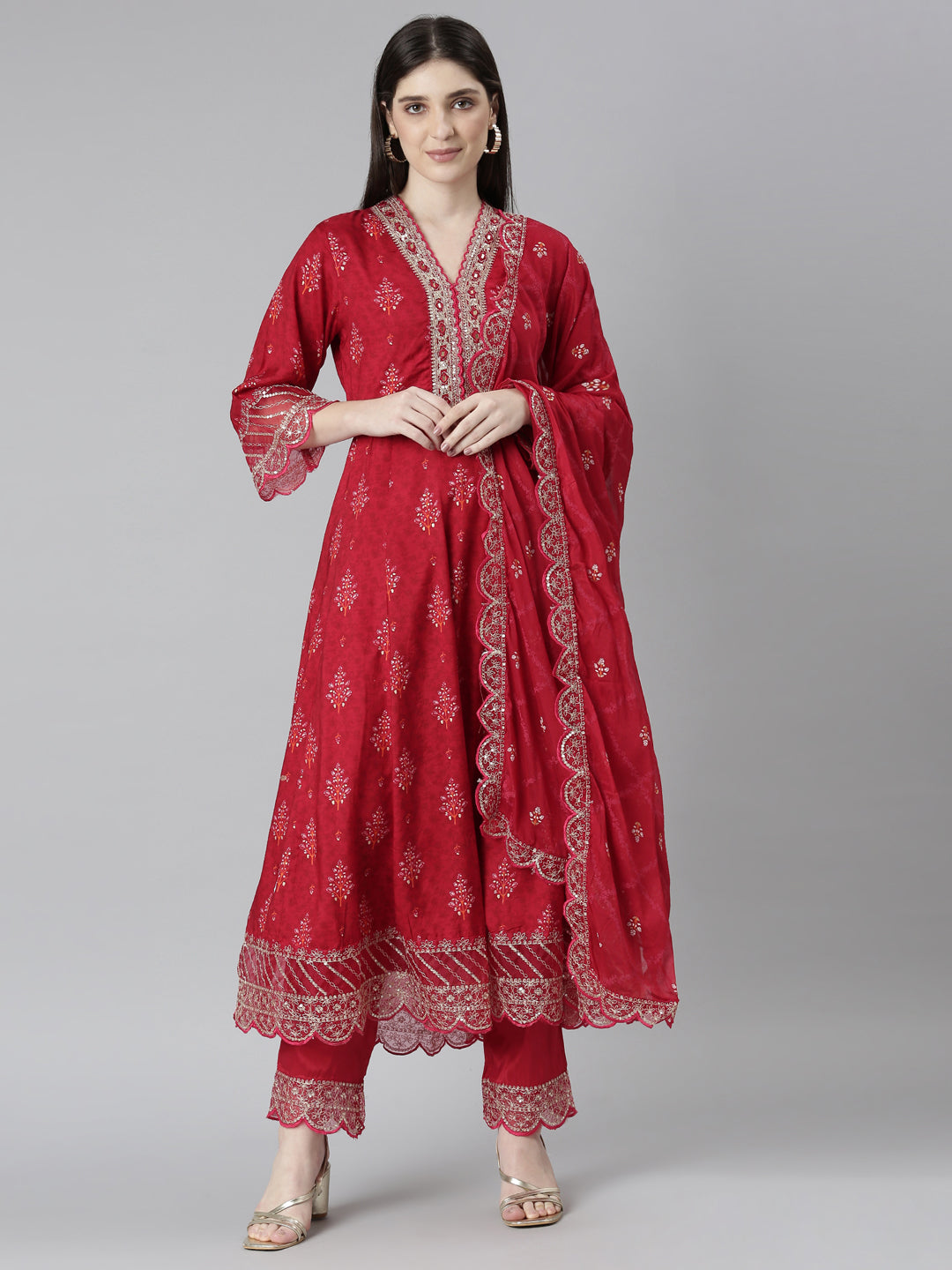 Neerus Red printed floral kurta set with trouser and dupatta - front view