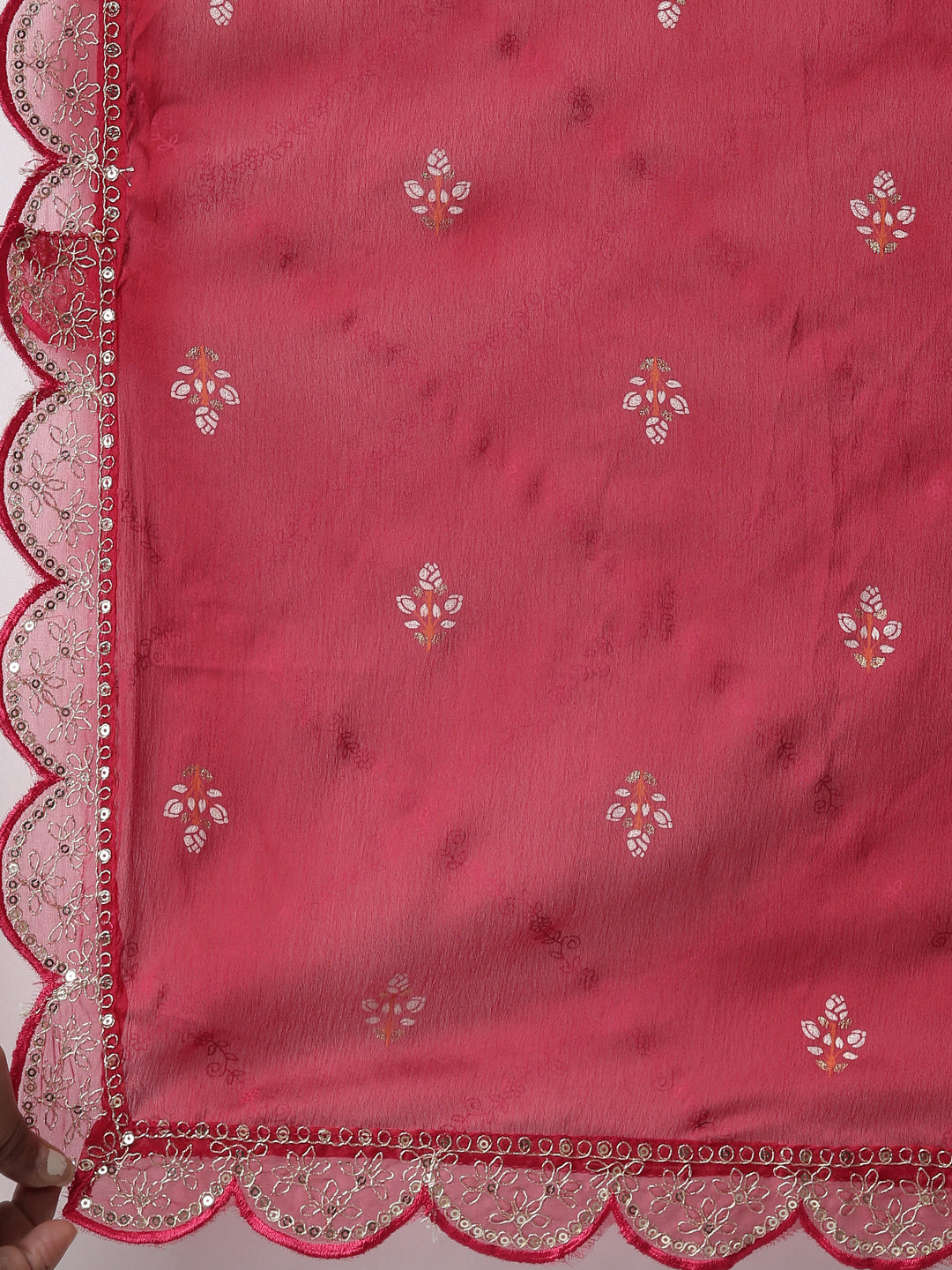 Neerus Red printed floral kurta set with trouser and dupatta - detail view 4