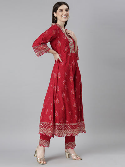 Neeru's Red Regular Straight Floral Kurta And Trousers With Dupatta