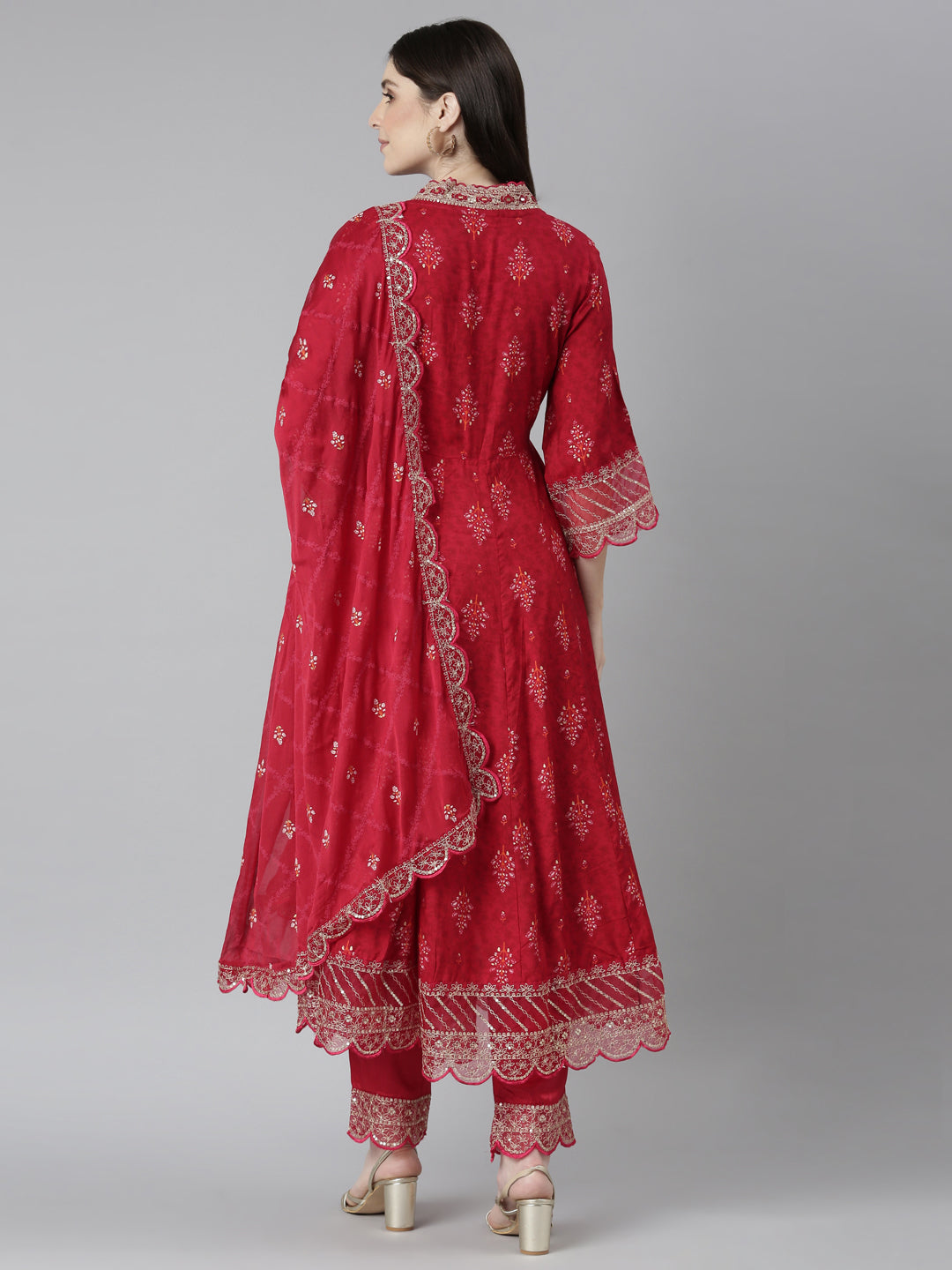 Neerus Red printed floral kurta set with trouser and dupatta - side view