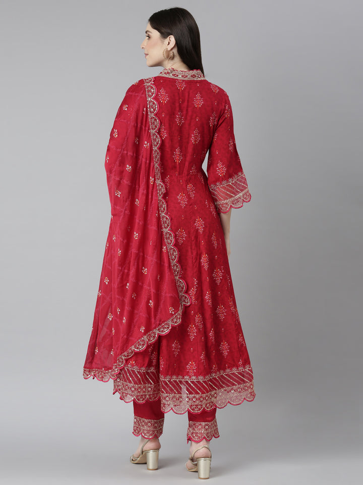Neerus Red printed floral kurta set with trouser and dupatta - side view