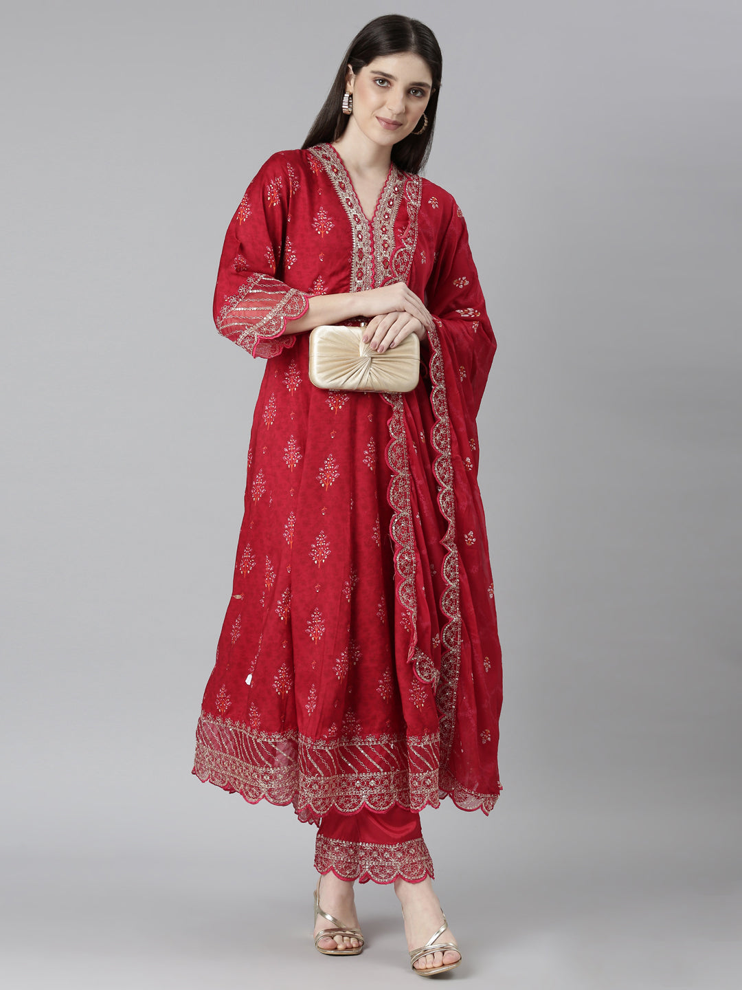 Neeru's Red Regular Straight Floral Kurta And Trousers With Dupatta